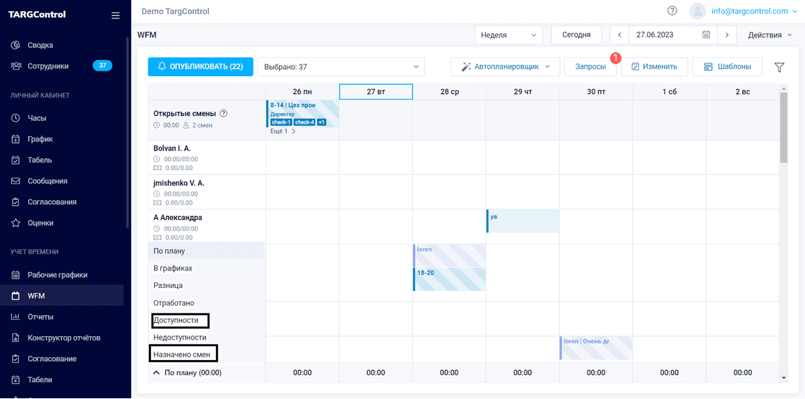 Отображение доступностей и количества смен в статистике WFM