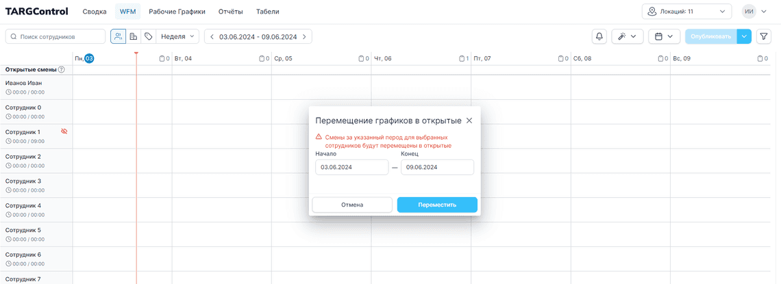 Переместить графики в открытые